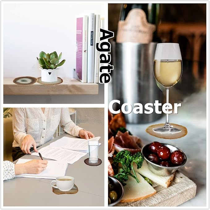 Agate Coasters Geode Agate Sliced Cup Mat 3-4'' 4Pcs Natural Color Polished Coasters with Rubber Bumper for Drinks Coffee Wine Home Decoration Gift Card