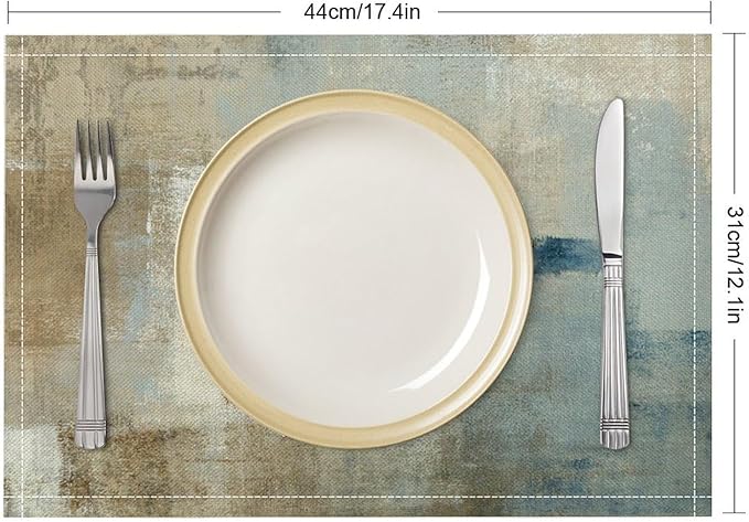 Gradient Placemat Set, Modern Minimal Fashion Abstract Beige Brown Blue Art Oil Painting Brush Strokes Patchwork Pattern Home Decor Linen Table Mats for Dining Room Kitchen Party (17x12in) x6P