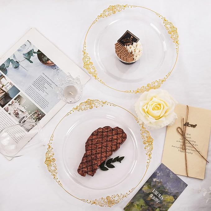 Morejoy 100 Pieces Gold Plastic Plates - Clear Gold Disposable Plates - 10.25inch Clear Plastic Dinner Plates With Gold Rim for Weddings & Parties & Shower