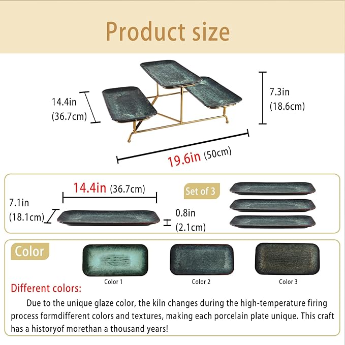 3 Tier Serving Trays for Party, 14.4 Inch Porcelain Serving Platters and Tiered Trays, Foldable Sturdy Gold Stand, for Food Display, Fruit, Cake Dessert, Decoration Entertaining, Black