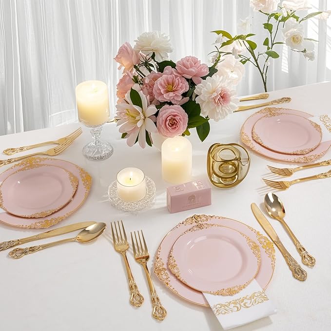 Ciaell 300PCS Pink and Gold Plastic Plates - Pink Disposable Dinnerware Sets for 50 Guests - 100 Plates, 50 Knives, 50 Forks, 50 Spoons, and 50 Napkins for Wedding, Party & Valentine's Day