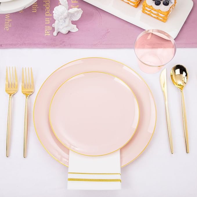 MirthMood 210PCS Pink Plastic Plates with Gold Rim – Plastic Plates Set Includes 30 Dinner,30 Dessert Plate,30 Cup&30 Napkins 90 Gold Silverware for Wedding&Birthday Parties&Valentine's Day