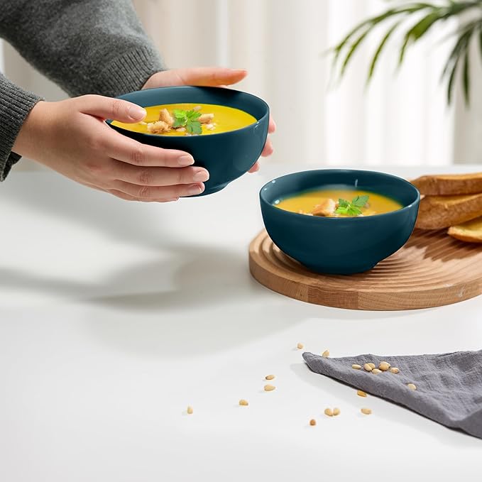 KooK Soup Bowls, Cereal Bowl, Ceramic, Bowls for Kitchen, Microwave, Dishwasher and Freezer Safe, Porcelain Dishes for Pasta, Salad, Oatmeal, Deep Interior, 20 oz, Set of 6, (Teal)