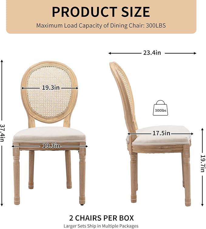 Vintage French Rattan Dining Chairs Set of 2, Solid Wood Frame with Round Rattan Back and Linen Upholstered Seat, Farmhouse Accent Sillas de Comedor Side Chairs for Dining Room & Kitchen, Beige
