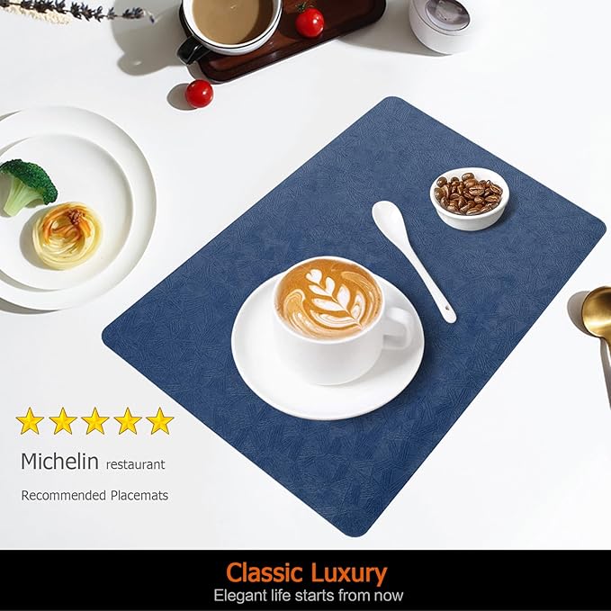 Vinyl Placemats Set of 4 Faux Leather 100% Waterproof Wipeable Washable Place Mats Heat Resistant Easy Clean Non-Slip Table Mats for Indoor Outdoor. (4,Blue)
