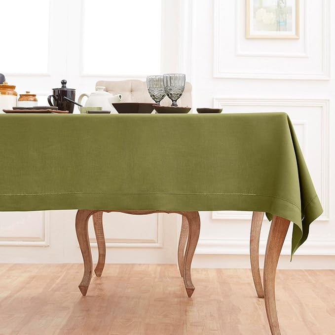 Solino Home Linen Tablecloth 60 x 132 Inch - Classic Hemstitch 100% Pure Linen Avocado Green Table Cloth for Rectangle Tables - Machine Washable Tablecloth for Winter, Spring, Easter, St Patricks Day