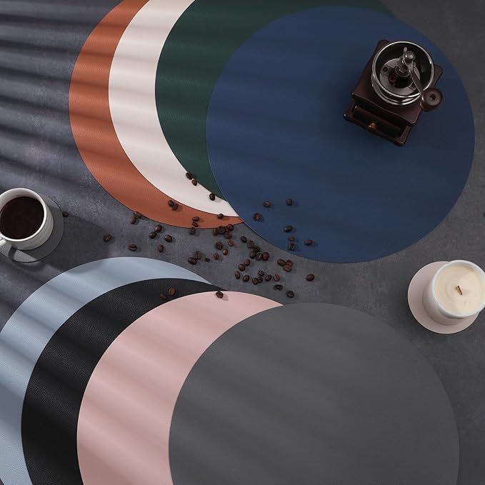 Myir JUN Round Placemats Set of 6 Faux Leather Place Mats and Coasters 15 inch Round Table Mats Dual Sided Non-Slip Stain Resistant Placemats (Black & Orange, Set of 6)