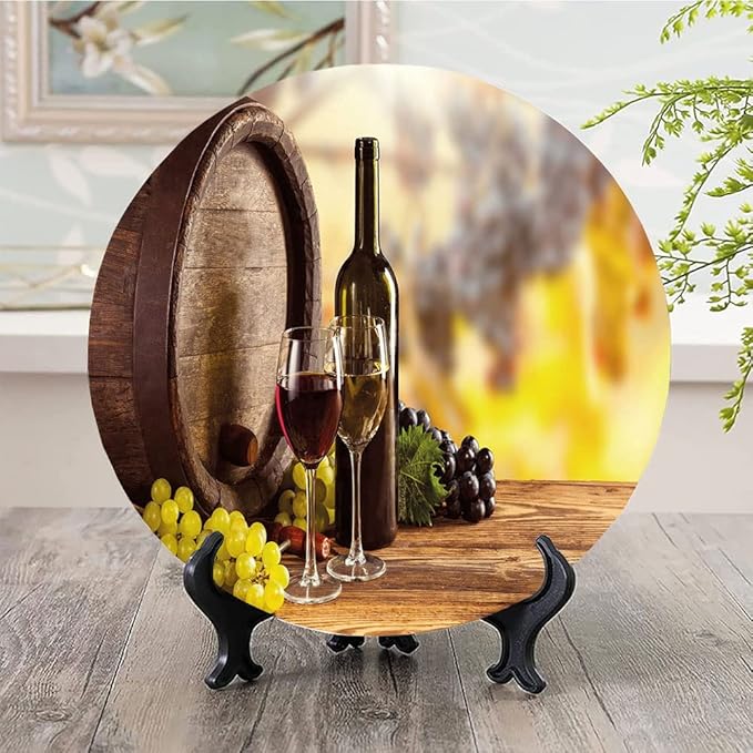 Ceramic Plates, Wine Decorative Ceramic Plates, Red and White Wine Bottle Glass on Wooden, 7 Inch, for Dining, Parties, Wedding, Brown Light Green Yellow