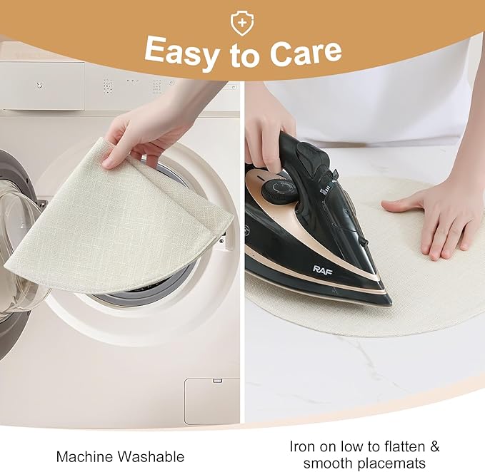homing 15 Inch Round Cloth Placemats Set of 6, Cotton Linen Blend Washable Table Mats, Farmhouse Dining Place Mats for Indoors & Outdoors, Easy to Clean, Cream
