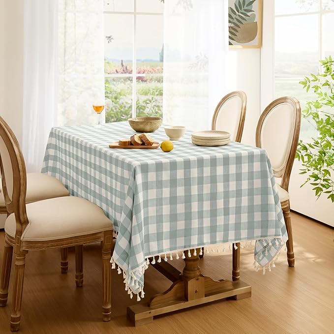 Softalker Checkered Tablecloth Rectangle, Outdoor Linen Cotton Gingham Table Cloth with Tassel, Heavy Duty Wrinkle Free Buffalo Plaid Table Cover for Kitchen Dining Home Party - 55 x 120 Inch, Aqua