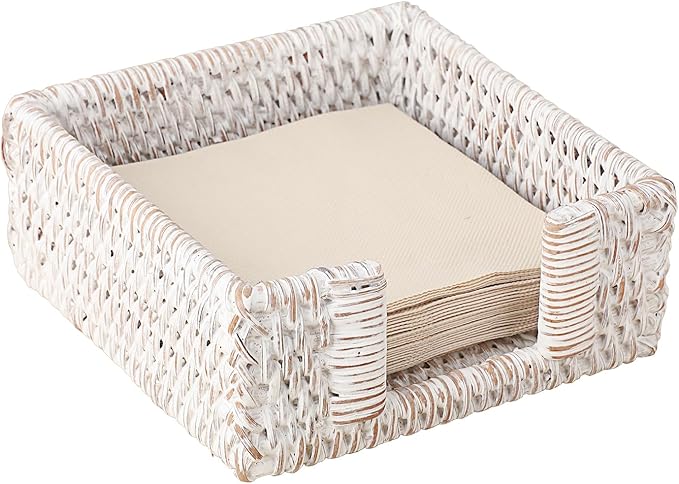 Sumnacon Napkin Holder for Table, Square Cocktail Napkin Holders, Wicker Rattan Napkin Dispenser Rustic Napkin Basket Tray for Dining Table Kitchen Countertop Picnic Party Bar, Vintage Whitewash
