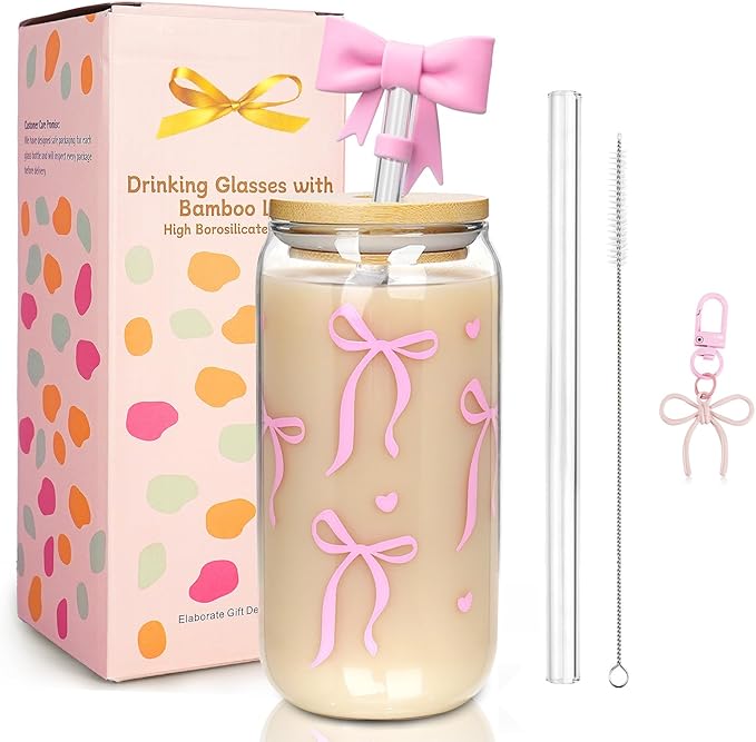 Mason Life Coquette Pink Glass Cups 18OZ Cute Bow Tumbler Glass Cup with Keychain and Straw Cover Valentines Day Galentines Gift for Iced Coffee Smoothie Cocktail Matcha Teen Girls Preppy Stuff