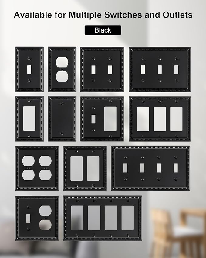 2-Pack Single Toggle Light Switch Cover Plate, Pearls Decorative Switch Plate Covers, Black 1 Gang Metal Wall Plate, Corrosion Resistant