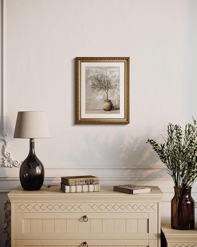 InSimSea Gold Picture Framed Wall Art, Living Room Vintage Olive Tree in Vessel Wall Decor, Still Life Botanical Canvas Print Art, Home Farmhouse Decor, Antique Paintings with Frame 13x16inch