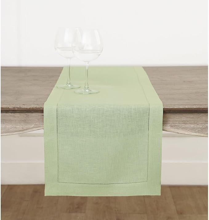 Solino Home Linen Table Runner 60 Inches - 100% Pure Linen Sage Green Hemstitch Table Runner 14 x 60 Inch Ideal for Dresser and Coffee Tables - Spring, Easter, St Patricks Day - Classic Hemstitch