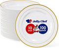 JOLLY CHEF 100 Pieces Gold Plastic Plates, 10 Inch Elegant Disposable Dinner White with Gold Rim, Disposable Plastic Plates for Christmas, Birthdays and Weddings