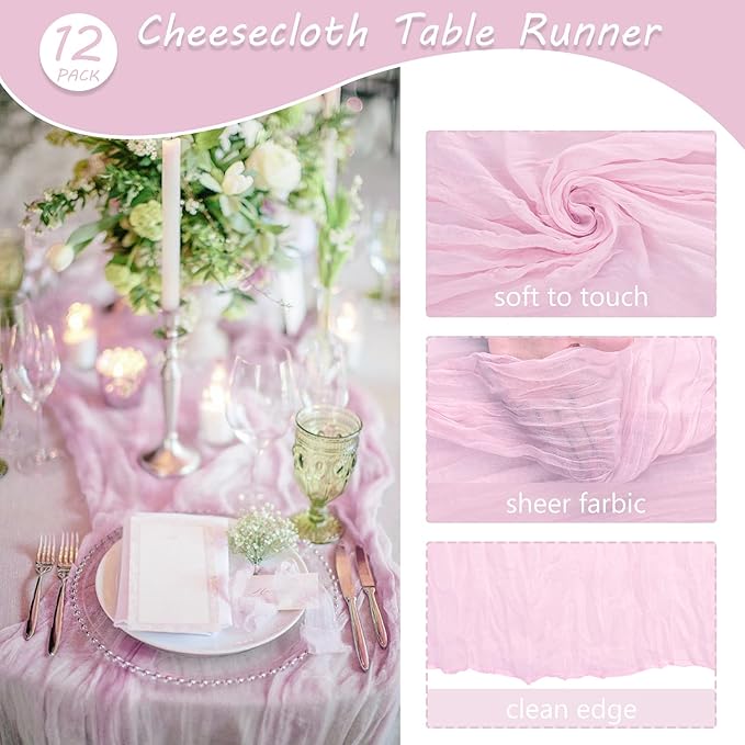 12 Pack 13Ft Cheesecloth Table Runner 35x157 Inch Boho Gauze Table Runner Cheese Cloth Long Rustic Table Runners for Wedding Bridal Shower Birthday Party Table Decor (Pink Purple)