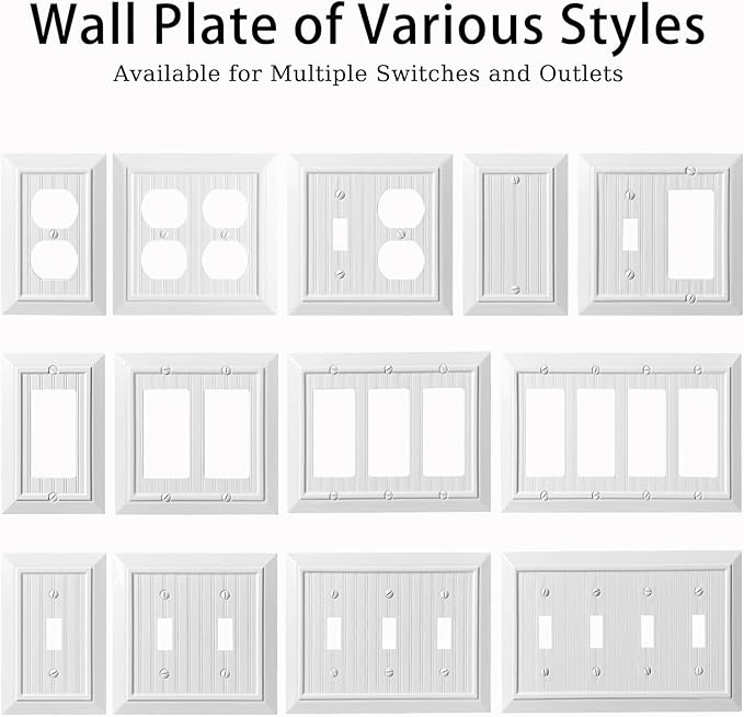 Beadboard Outlet Covers Wall Plates, Bamboo Fiber Light Switch Covers, Natural Material Electric Receptacle Decorative Switch Plate Outlet Cover (Pure White, 2 Gang Toggle 2 Pack)