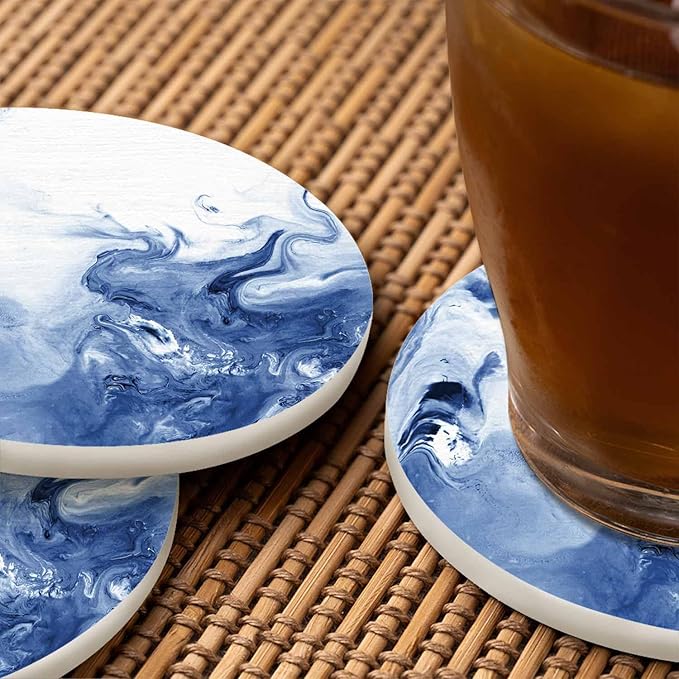 Blue Wave Creative Liquid Cup Coasters for Table Marble Texture Abstract Ocean Mixed Ink Fluid Reusable Drink Coasters Set 2 Pcs Coffee Home Farmhouse Living Room Bar Decor
