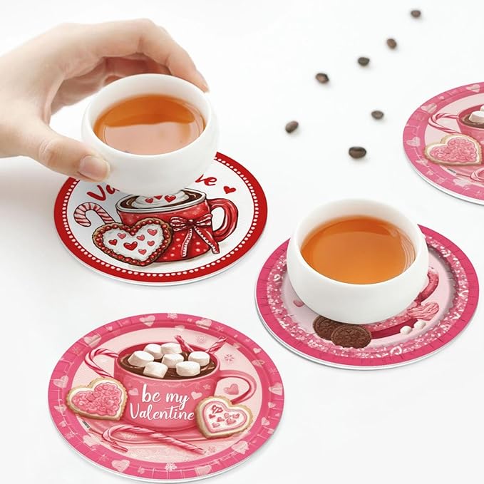 Sweetheart Coasters for Drinks with Holder Round Leather Coasters Set of 6 Cups Mugs Mat Pad for Home Kitchen Bar