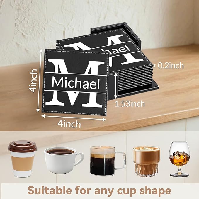 Personalized Coasters, Custom Set of 6 Leather Coaster for Drinks with Holder, DIY Customized Name, Logo, Text，Non-Slip, Heat Resistant, Waterproof for Coffee Table Bar Wine Cup Housewarming