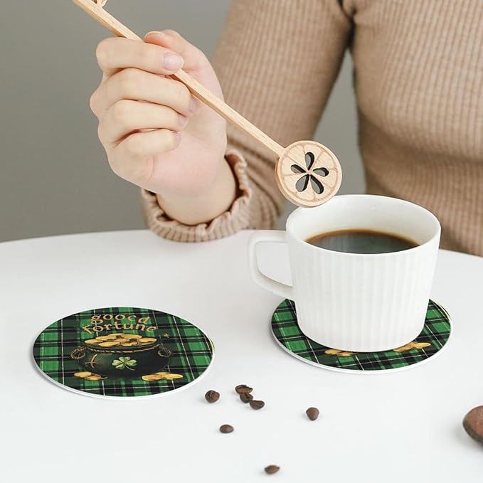 Lucky Coasters for Drinks with Holder Round Leather Coasters Set of 6 Cups Mugs Mat Pad for Home Kitchen Bar