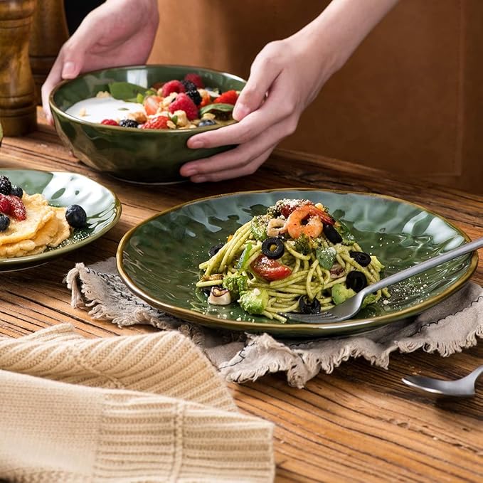 vicrays Ceramic Pasta Bowls Set, 32 Ounce Soup Bowls, Large Salad Bowls, Chip Resistant, Dishwasher Microwave Safe, Fluted stoneware Bowls for Kitchen, Serving Bowls, Set of 6 (Green)