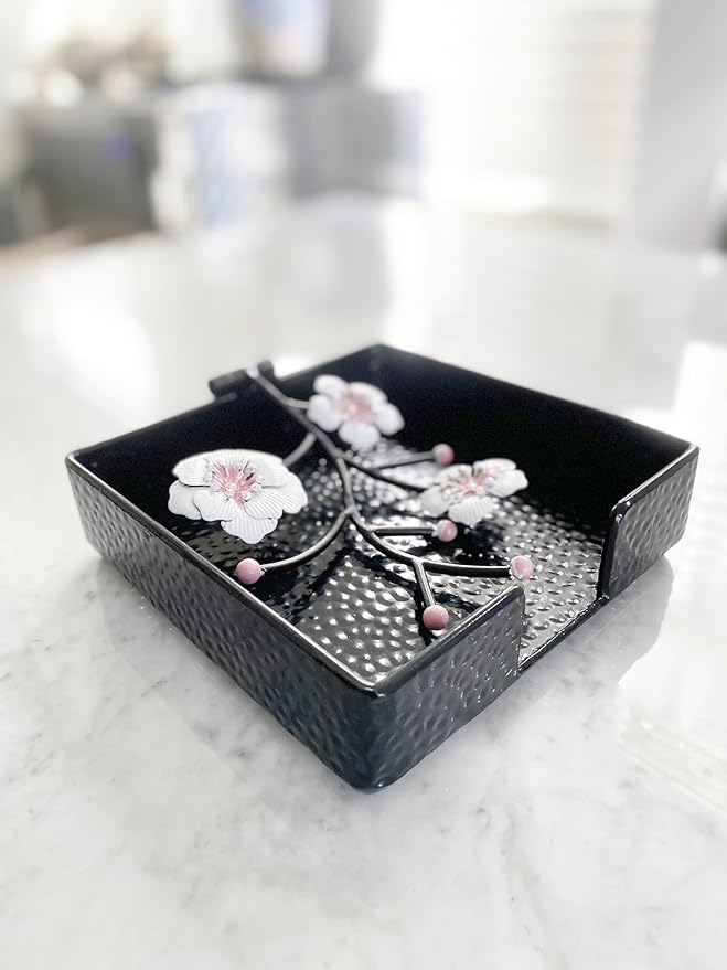Black Flat Square Napkin Holder with White Pink Orchid Blooms | Orchid Flowers Metal Hinged Weighted Arm | Serviette Paper Hand Towel Storage Caddy Tray Organizer Dispenser | Home Restaurant