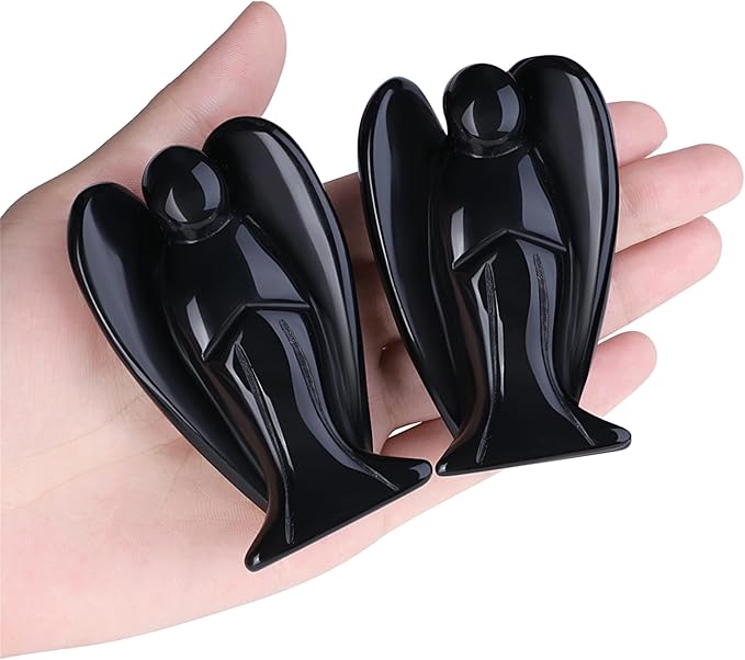 YATOJUZI 3" Black Obsidian Angel Decor Big Hand-Carved Angels Guardian Sculpture Statue Figurines Natural Crystal Stones and Healing Crystals Home Room Office Desk Decoration for Women Men