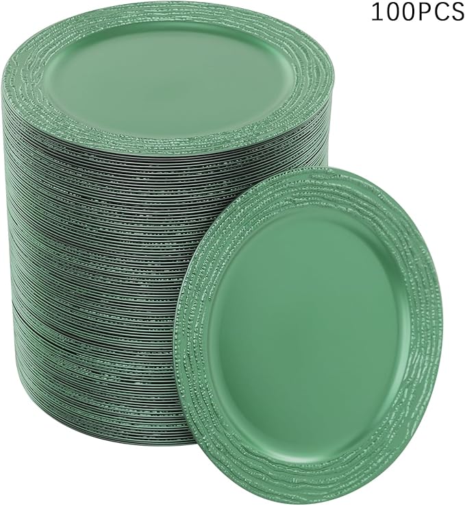 100 PCS Antique Charger Plates Bulk, 13 Inch Round Textured Edge Plastic Dinner Chargers, Bulk Plastic Charger Plates Set for Wedding, Party, Table Decor (Green)