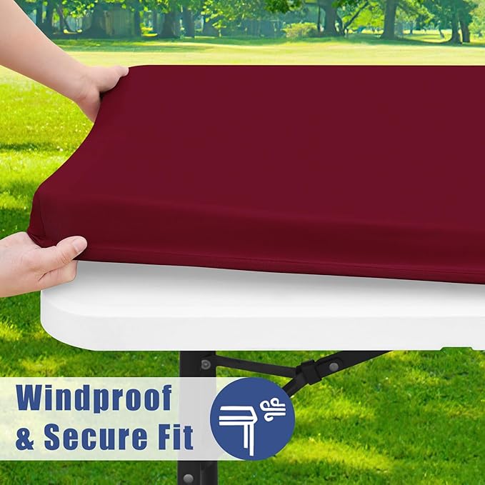 Spandex 4 Foot Rectangle Table Cloth 2 Pack, Elastic Fitted Tablecloths for Picnic, Stretch Washable Patio Table Cover for Outdoor, Camping, Banquet and Parties (Wine Red, 30"x48")