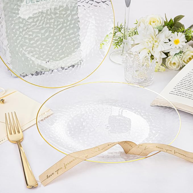 DaYammi 100 Pcs Gold Plastic Plates - 10 inch Clear Gold Dinner Plates Plastic Plates Disposable - Hammer Pattern Design - Fancy Disposable Plate - Heavy Duty Party Plate Ideal for Wedding