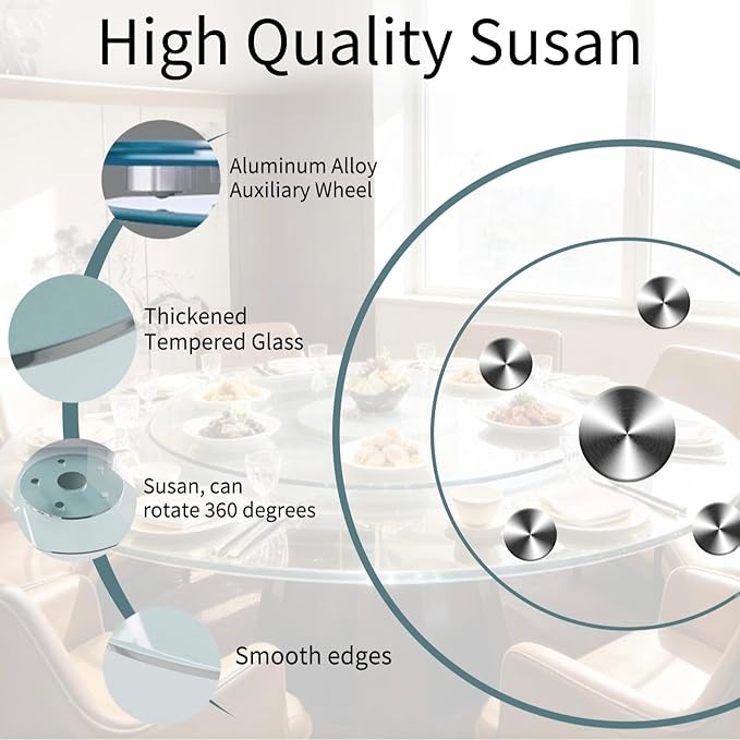 36" Glass Lazy Susan for Dining Table, Glass Turntable Table Centerpiece with 6 Rotating Wheels, 360° Smooth and Silent Spin Tabletop Rotating Tray, for Family Gatherings, Banquets, Weddings, 92 cm