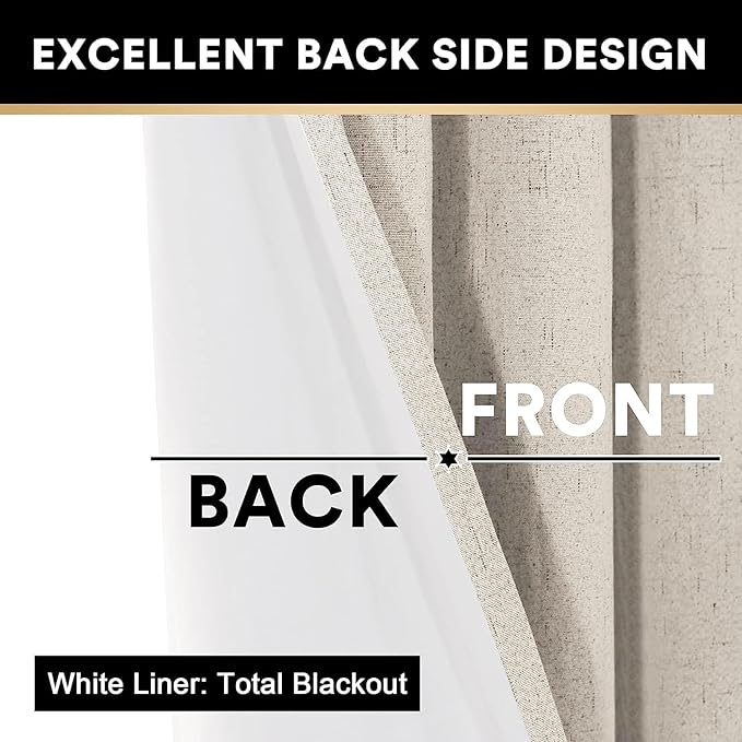 PrinceDeco Linen 100% Blackout Curtains for Bedroom/Living Room Natural Colored Drapes Extra Long Curtains 120 Inch Long for Thermal Insulated Window Curtain Panels Linen Look Fabric with White Liner