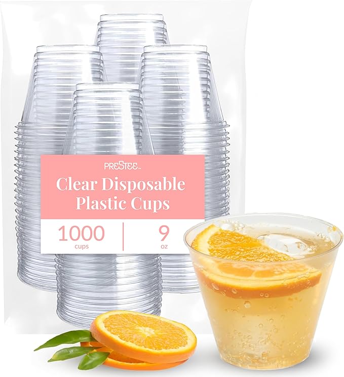 Prestee 1000 Clear Plastic Shot Glasses Disposable - Cocktails, Juice and Plastic Wine Glasses Disposable Party Cups for Adults- Indoor/Outdoor Events, Everyday Use - 9 oz Food-Grade Material