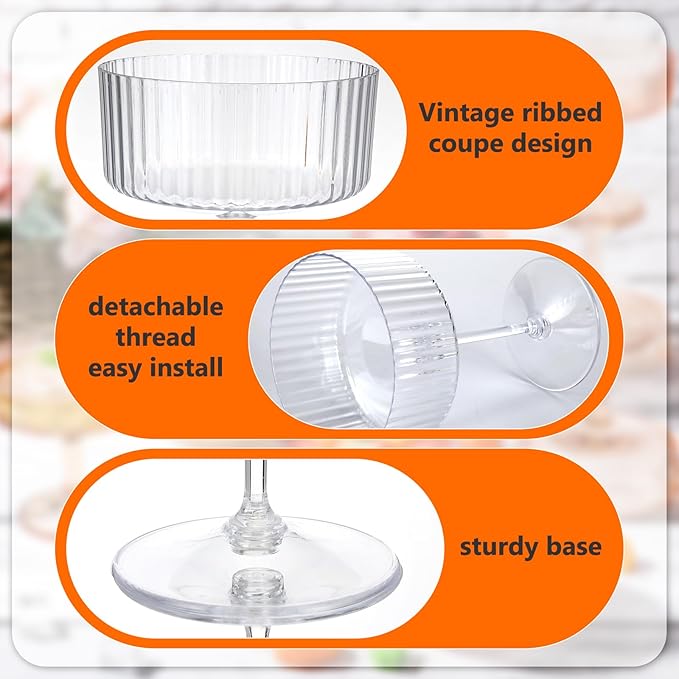 6 Pcs Ribbed Martini Glasses 10 oz Disposable Plastic Vintage Ribbed Coupe Glasses Unbreakable Dessert Parfait Glassware for Wedding Birthday Party Supplies (Clear)