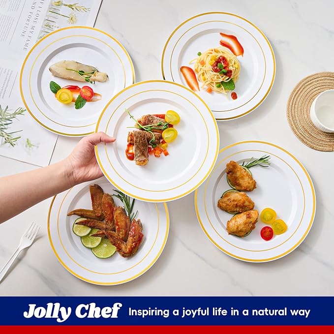 JOLLY CHEF 100 Pieces Gold Plastic Plates, 10 Inch Elegant Disposable Dinner White with Gold Rim, Disposable Plastic Plates for Christmas, Birthdays and Weddings