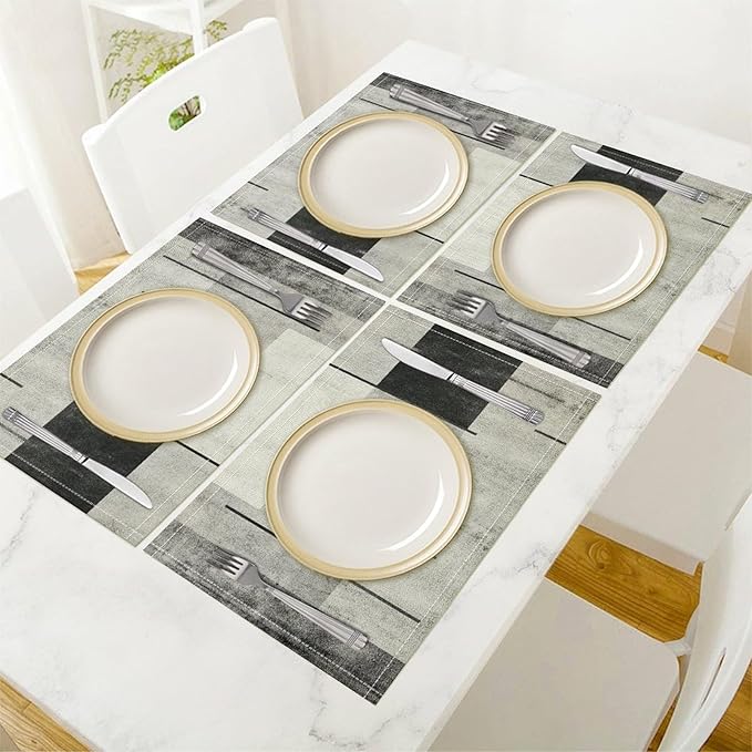 Gradient Placemat Set, Modern Minimal Black White Grey Abstract Geometric Shape Line Patchwork Pattern Home Decor Linen Table Mats for Dining Room Kitchen Party (17x12in) x4P