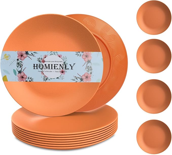 Homienly Flat Dinner Plate Set of 8 - Alternative for Plastic, Microwave and Dishwasher Safe, Wheat Straw Dinnerware for Kitchen, Unbreakable Kids (Orange, 9 Inch), MS 01