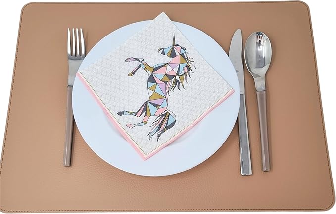 Nikalaz Set of 4 Placemats and 4 Coasters Made of Recycled Leather (15.75''x11.81'', Light Camel)