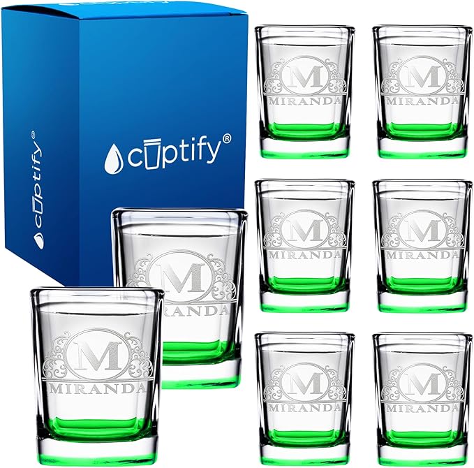 Personalized Square Shot Glasses Set of 8 Green Bottom 2oz Engraved Initial and Name Custom Gifts, Weddings, Birthdays, Party, Event, Decorations