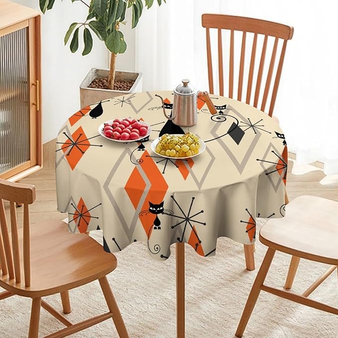 Retro Boho Modern Black Cat Round Tablecloth, Mid Century Boho Moon Abstract Geometric Leaf 50s 60s Style Tablecloth for Home Party Dining Room Kitchen Decor 60Inch(152cm)