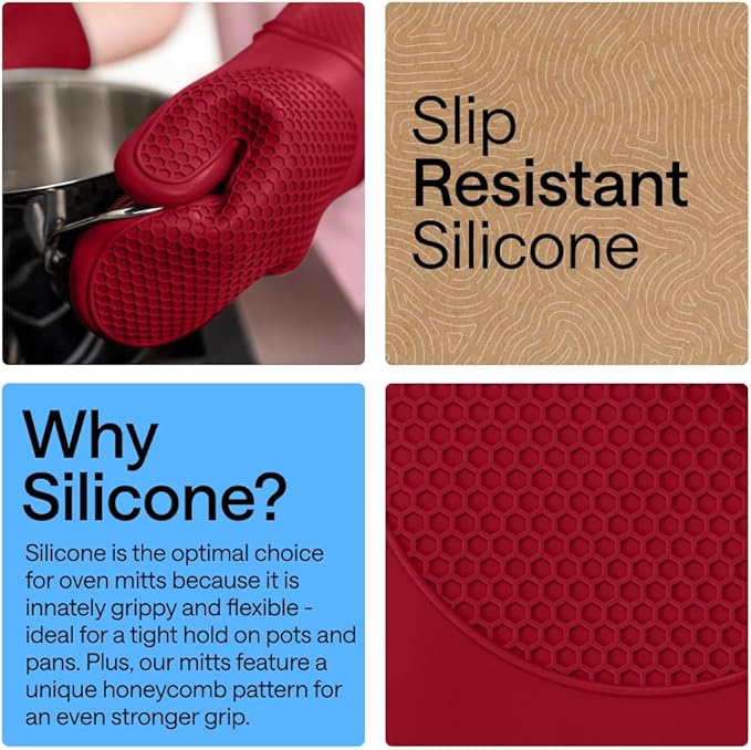 GORILLA GRIP BPA-Free Soft Silicone Oven Mitts, 14.5x8.3, Heat Resistant and Waterproof Cooking Gloves, Thick Cotton Lining, Flexible Gripping Kitchen Potholders Set of 2, Christmas Kitchen Decor, Red