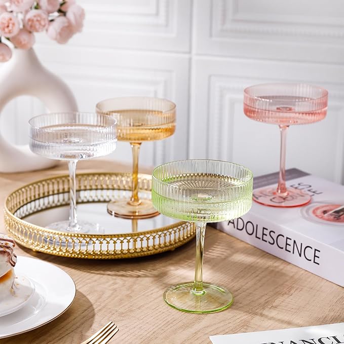 Colored Coupe Glasses Set of 6 Vintage Art Deco Colorful Champagne Coupe glasses 9 oz,Ribbed Martini Cocktail Glasses|Colored Cocktail Glasses Set for Espresso,Martini,Champagne