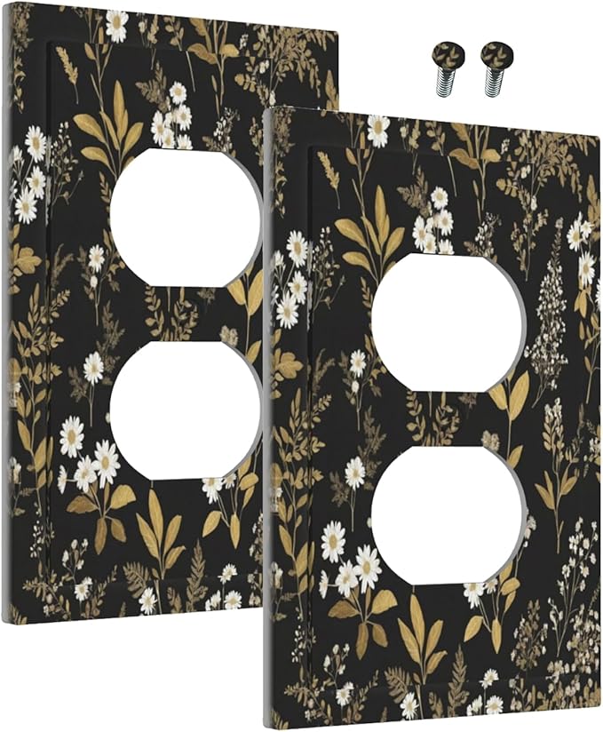 Outlet Covers Black/Gold Boho Botanical Floral Rustic Flowers 1 Gang Duplex Light Switch Cover Plate Decorative Wall Plates Electrical Switchplate Receptacle for Bathroom Kitchen Decor（2 Pack）