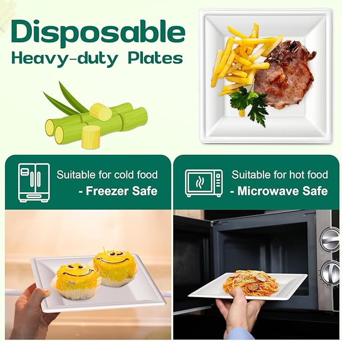 Square Paper Plates 10 Inch [50-Pack] Compostable Eco Friendly Disposable Plates Heavy Duty, Biodegradable Recycled Bagasse Plates, Large Paper Dinner Plates, Sturdy White 10" Plate