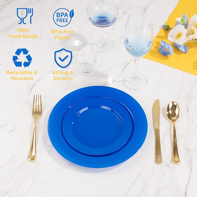 I00000 102 Pcs Plastic Plates, Plates Disposable Blue Party Plates Include 51 Blue Dinner Plate 10’’ and 51 Plastic Dessert Plate 7’’ Perfect for Wedding, Party