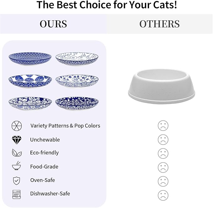 Selamica Ceramic Cat Bowls, 6 Inch Wide Shallow Cat Food Bowl for Relief Whisker Fatigue, Set of 6, Vintage Blue