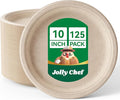 JOLLY CHEF Compostable Heavy Duty Plates 𝟭𝟬 𝗜𝗻𝗰𝗵 [𝟭𝟮𝟱 𝗣𝗮𝗰𝗸] Eco-Friendly Disposable Paper Plates Natural Bagasse Biodegradable Sugarcane Bulk for Party Hot Cold Dinner Christmas (Brown)
