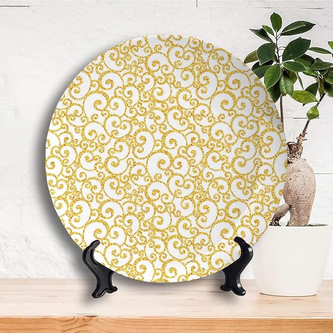 Ceramic Display Plate, Victorian Ceramic Hanging Decorative Plate, Swirling Lines Floral, 6 Inch, Living Room Kitchen Decoration Household, Golden